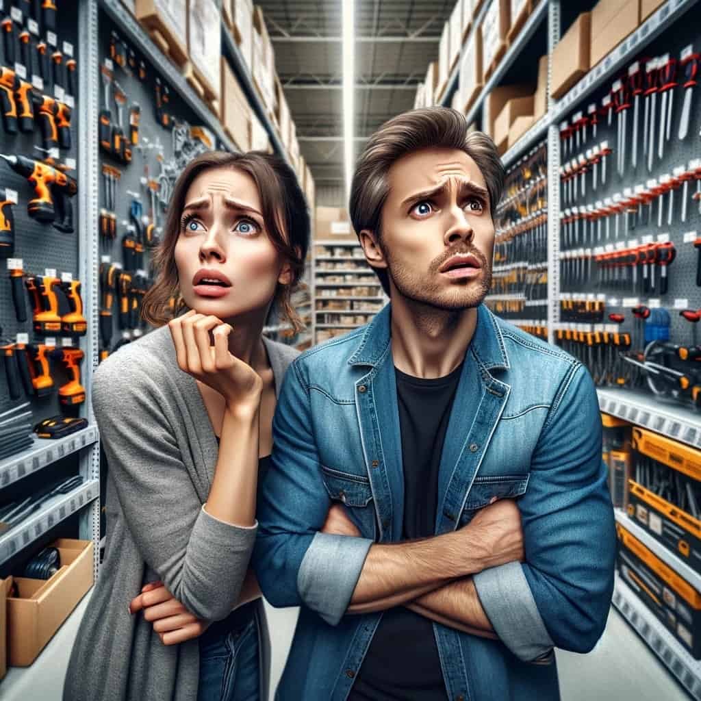 young couple overwhelmed by the number of choices in a hardware store