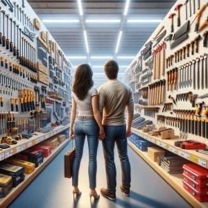 couple holding hands in the aisle of a hardware store